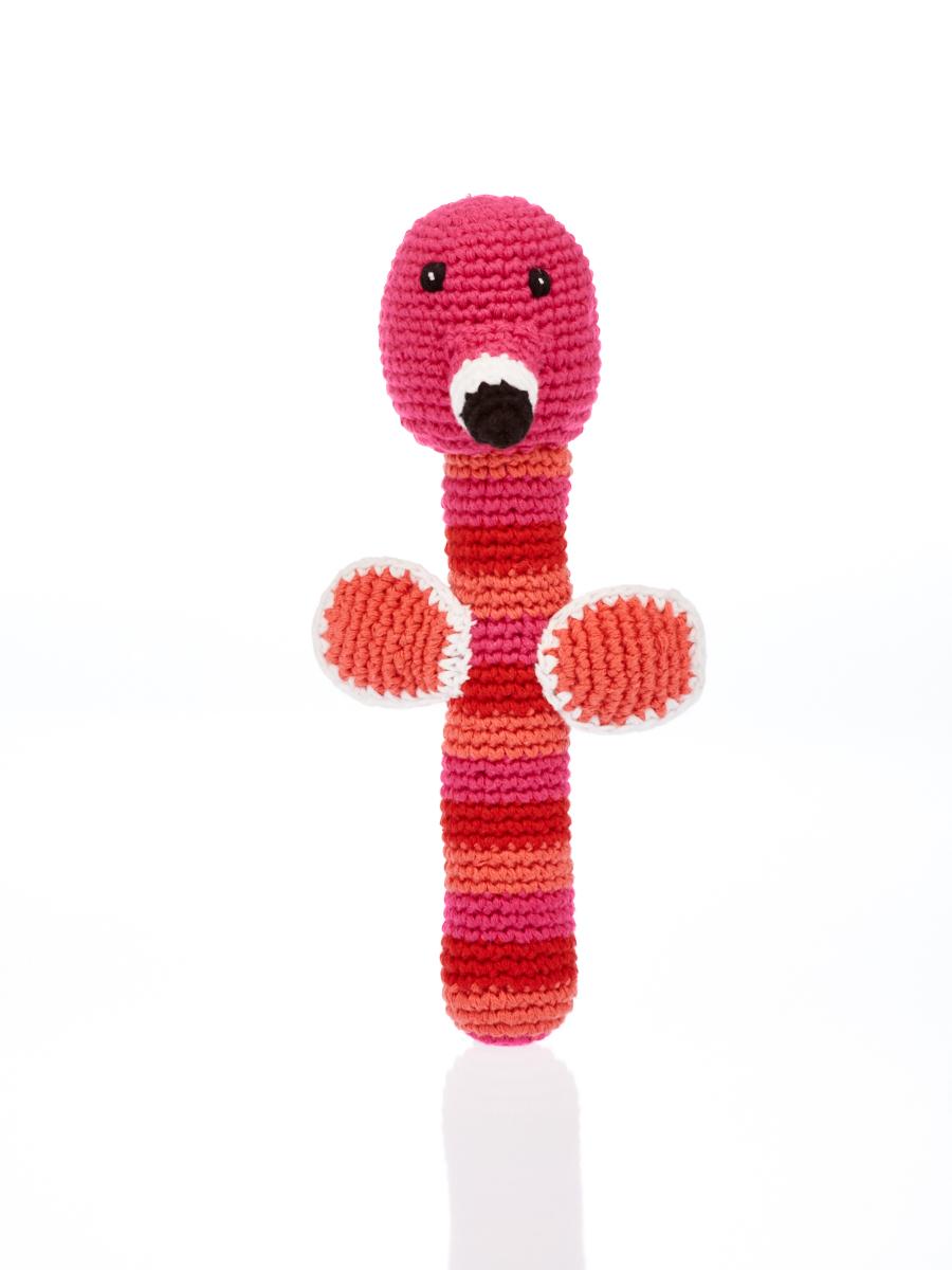 Crochet Cotton Pink flamingo stick baby toy with stripe body